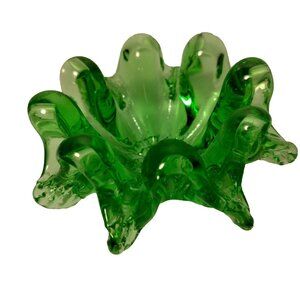 Stretch Glass Ashtray Trinket Dish Green Round Art Glass 3.5"
